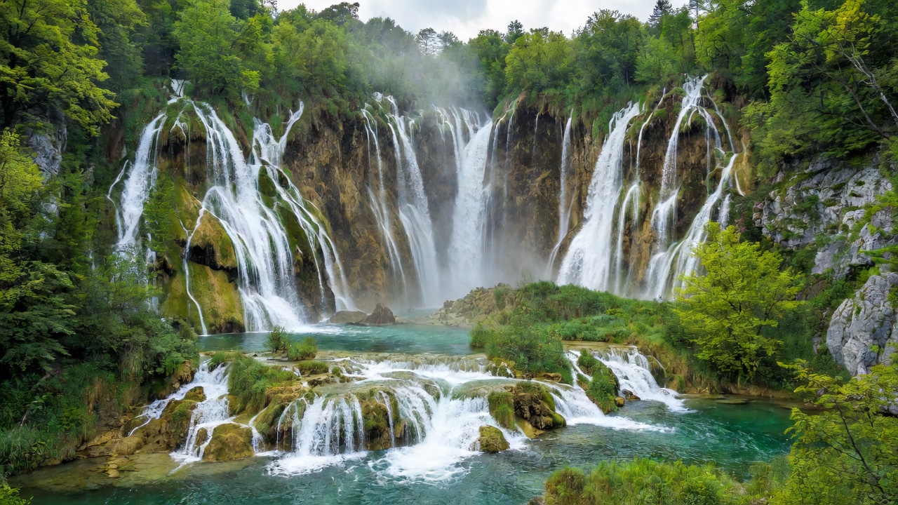 Cascading waterfalls over travertine dams in Plitvice Lakes Croatia
