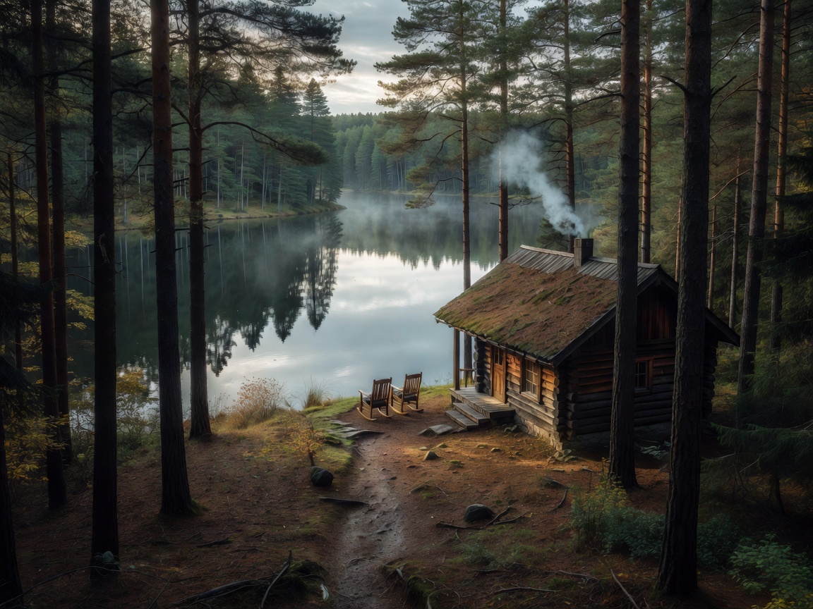 Cozy wooden cabin stay immersed in pine forest near tranquil lake