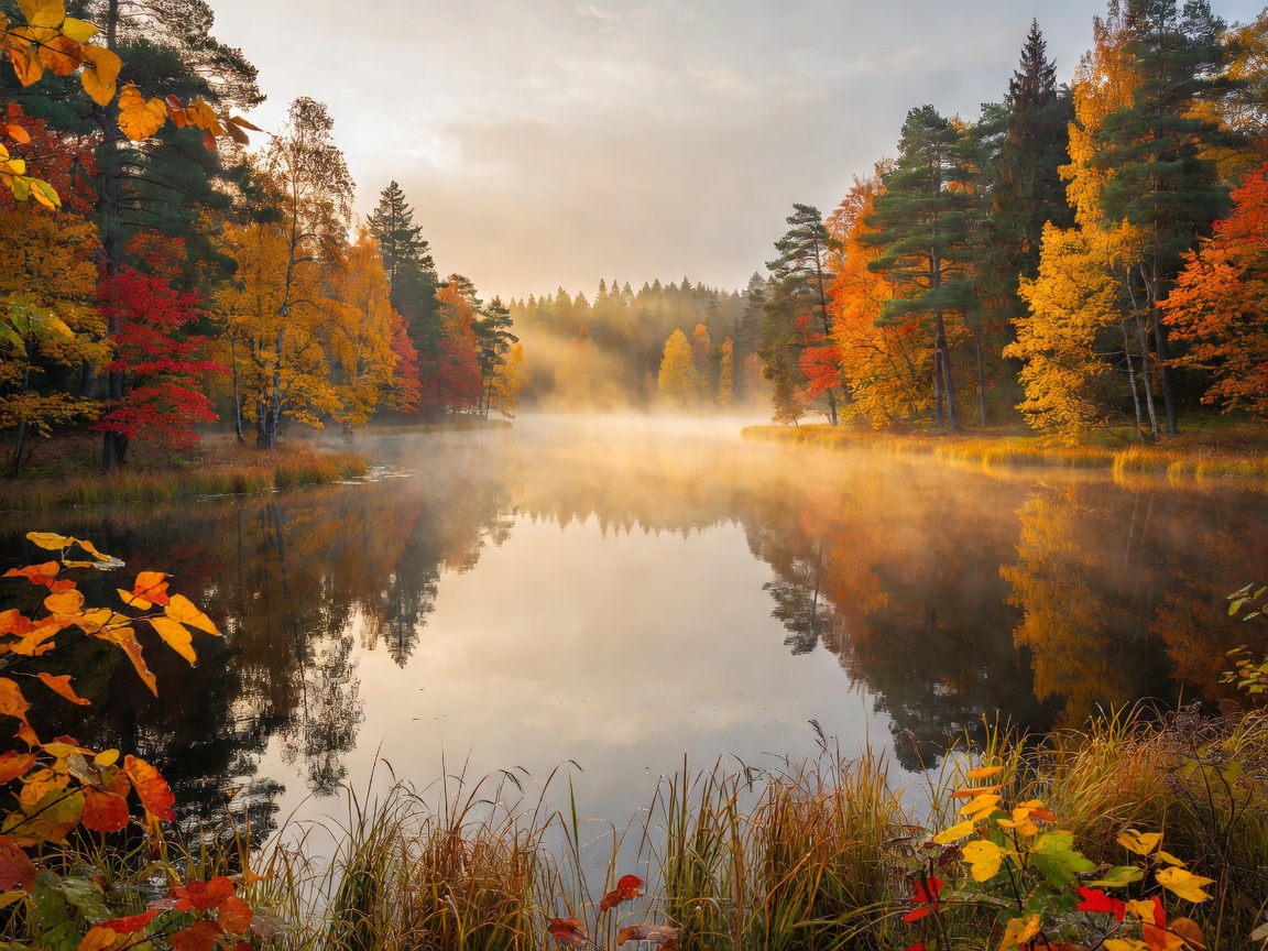 Golden autumnal mist over calm European wilderness lake
