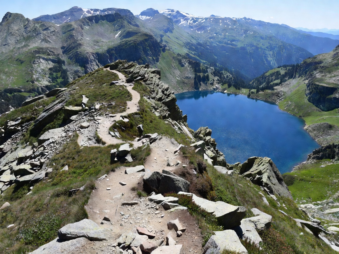 Hiking trail through alpine ridge overlooking deep blue mountain lake