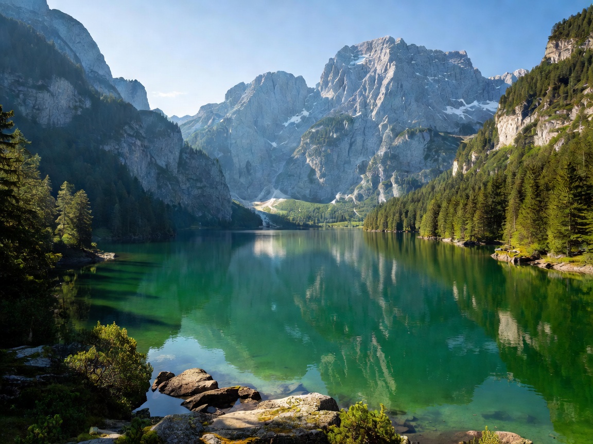 Königssee emerald fjord lake surrounded by Watzmann peaks in Germany