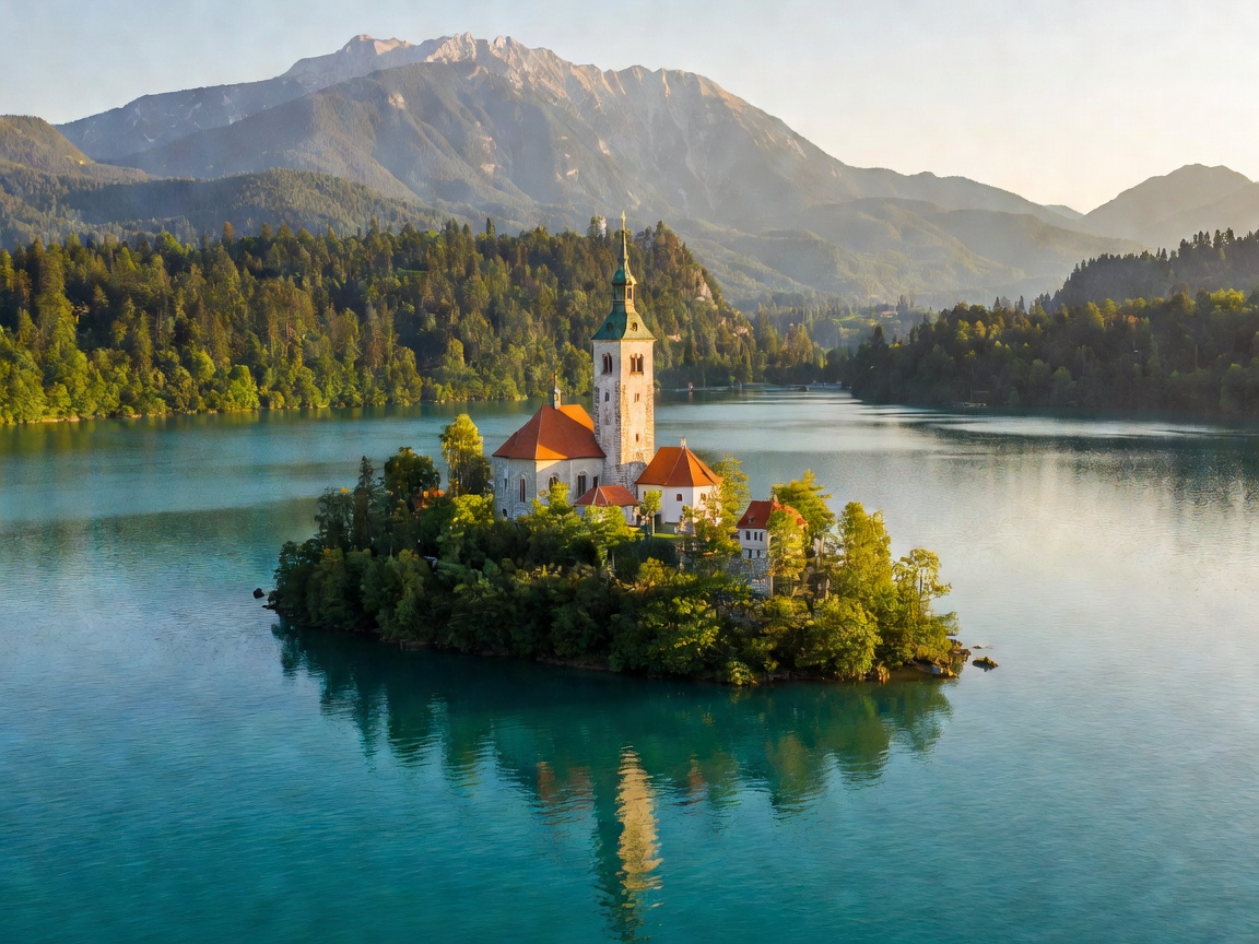 Lake Bled Island church in Slovenia surrounded by teal water