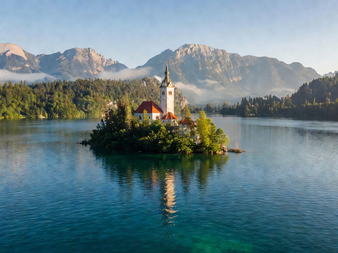 Lake Bled Slovenia with medieval church on small island amidst emerald blue water