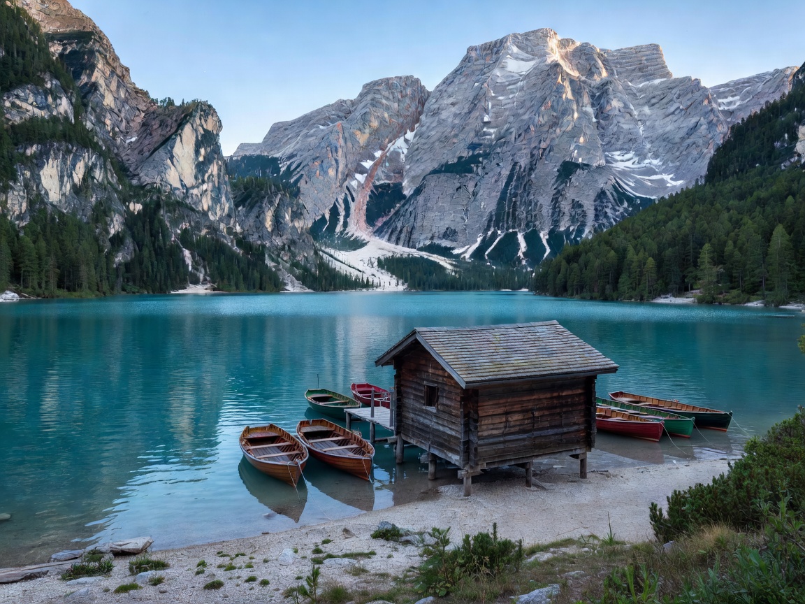 Lake Braies Pragser Wildsee in the Italian Dolomites with turquoise water and wooden boat house