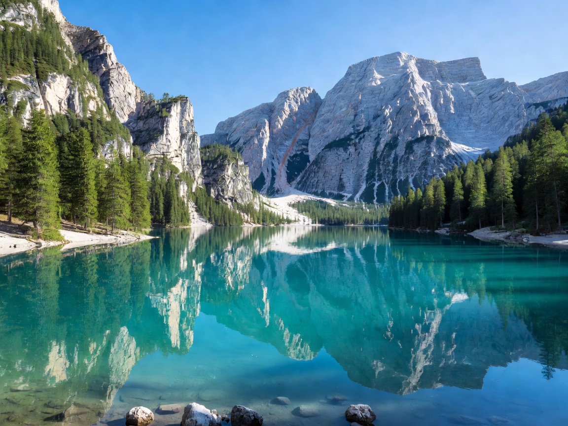 Lake Braies Pragser Wildsee turquoise water in Dolomites Italy