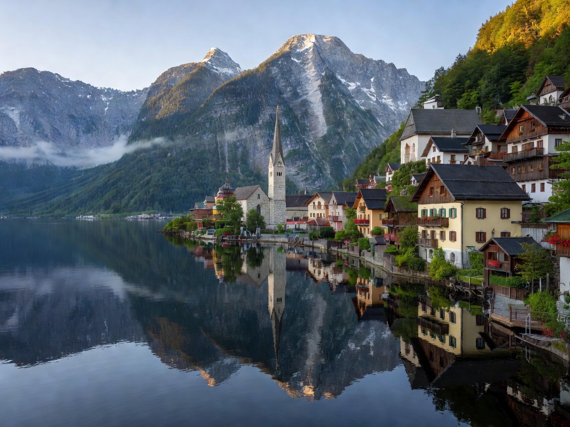Lakeside alpine village of Hallstatt Austria reflected in deep serene mountain water