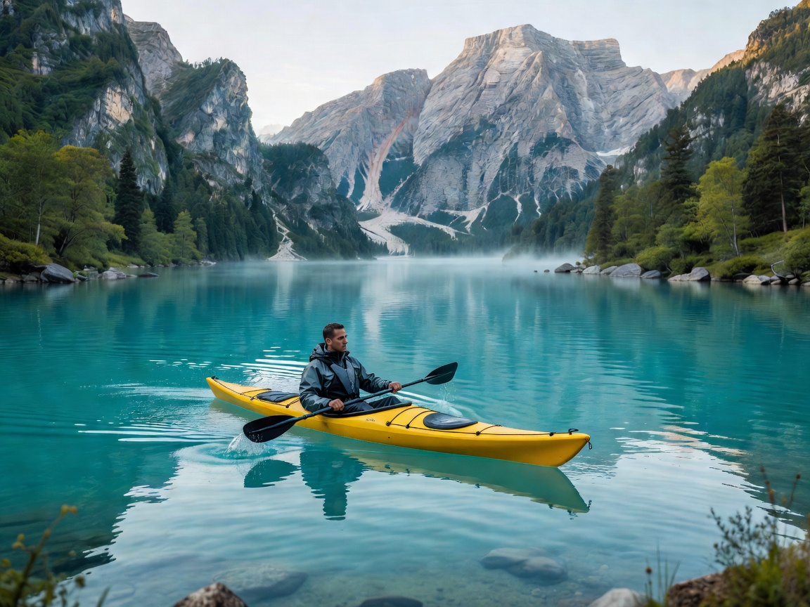 Person kayaking on peaceful turquoise mountain lake