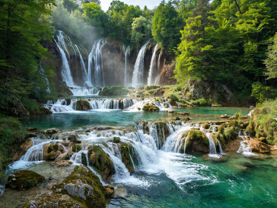 Plitvice Lakes National Park Croatia with crystal cascading waterfalls over travertine barriers