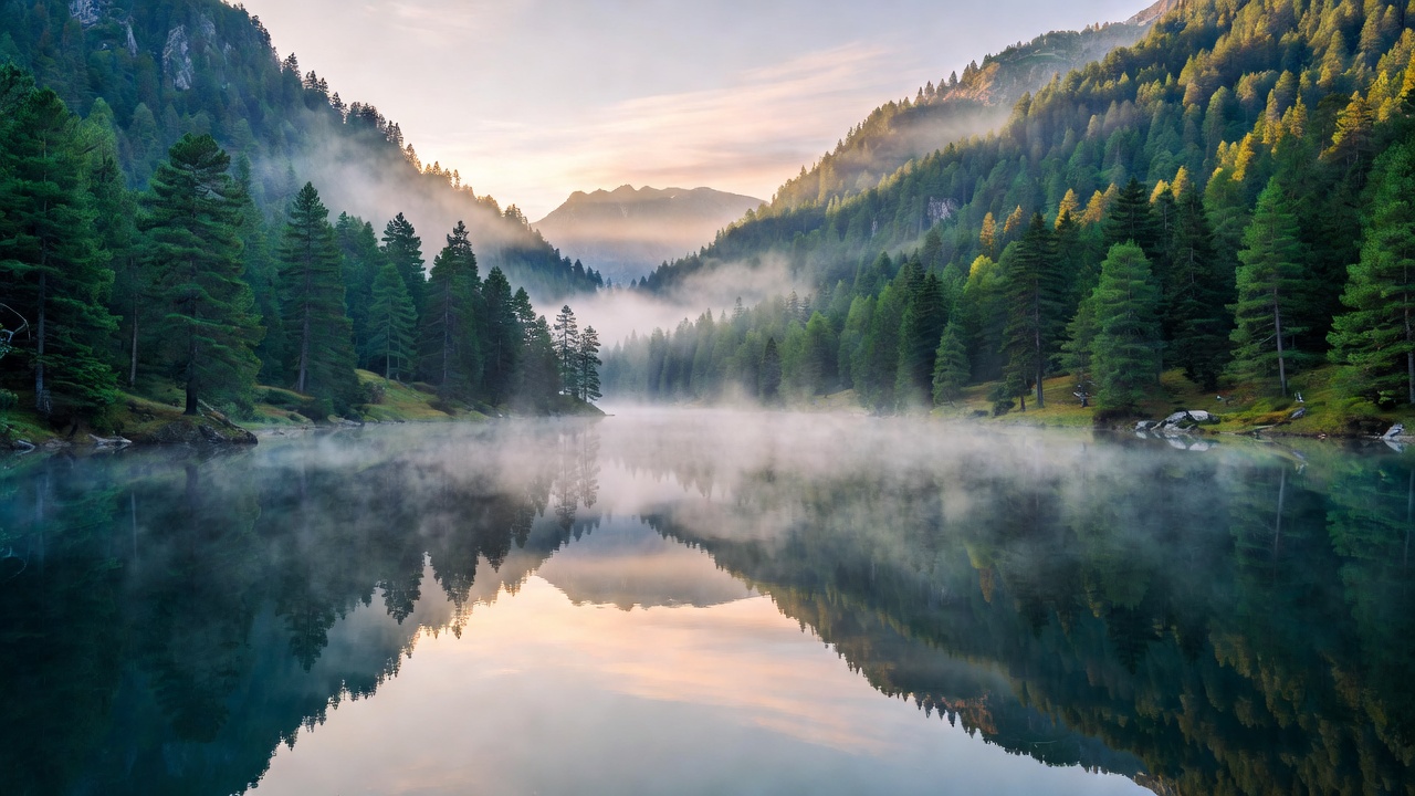 Scenic European mountain lake surrounded by dense emerald pine forests and morning mist