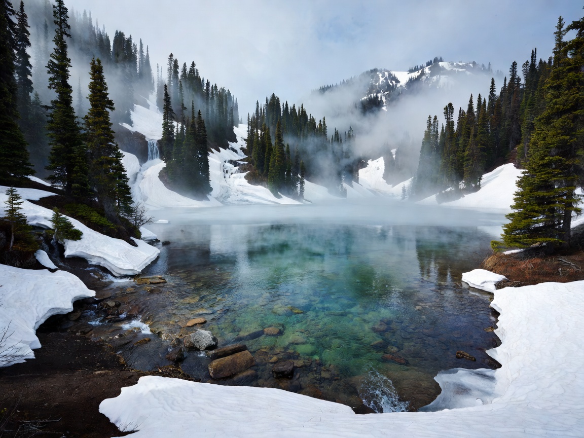 Spring snowmelt alpine lake with mist